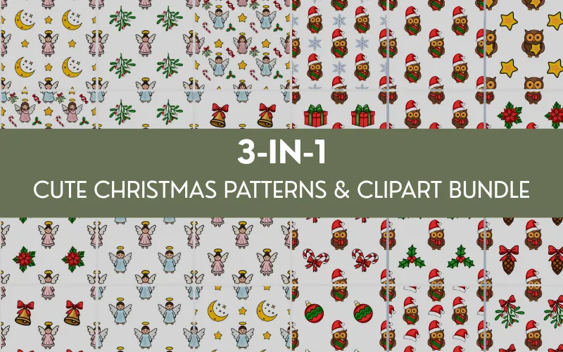 3-in-1 Cute Christmas Clipart & Patterns Bundle