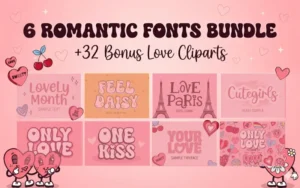 6 Romantic Fonts Bundle (+32 Bonus Love Cliparts)