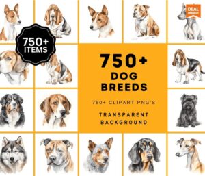 Ultimate Dog Breed Bundle: 750 High-Quality Transparent PNG Watercolor Dog Images